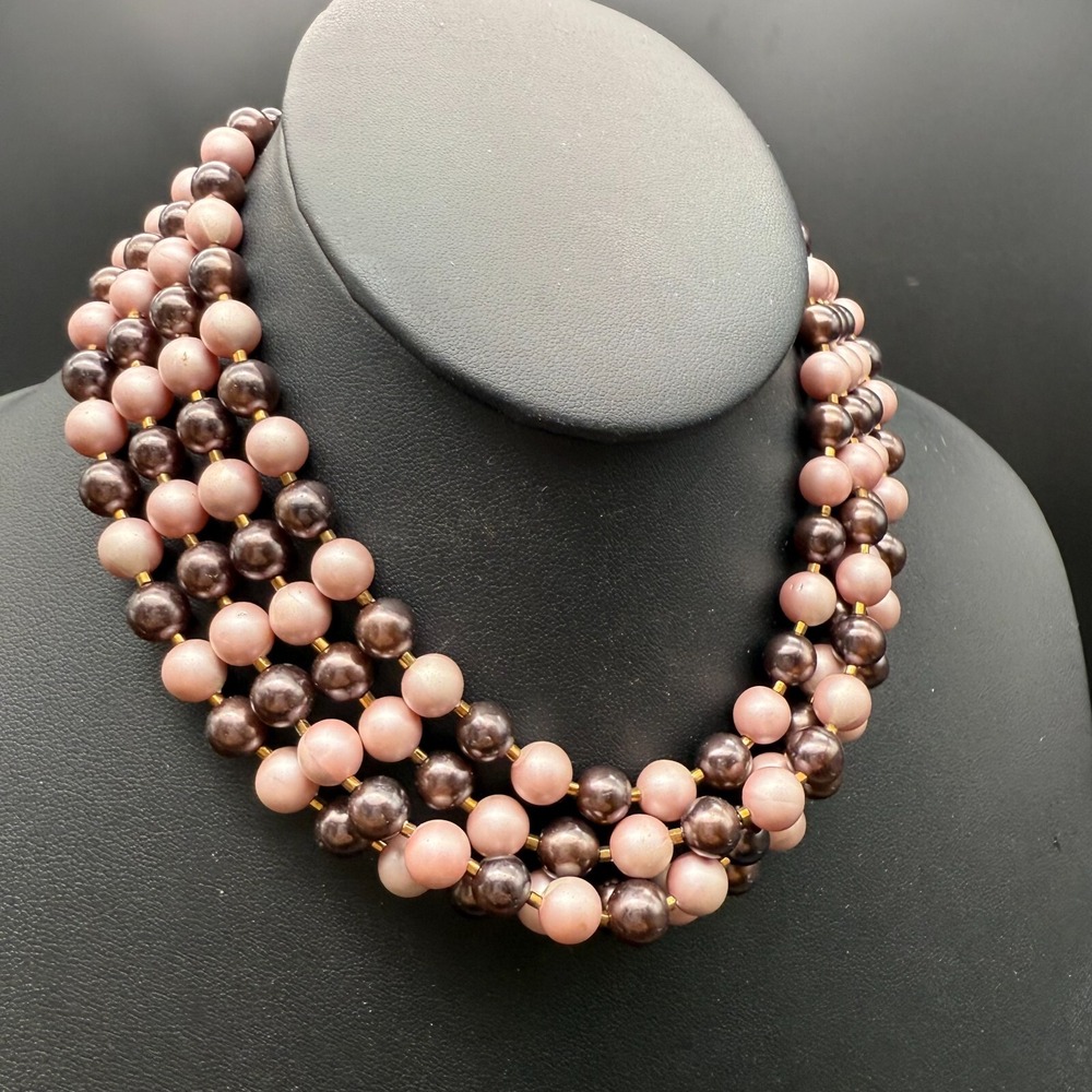 🌸 Vintage Japan 5-Strand Pink & Brown Beaded Necklace 13-15" Floral‎ Clasp 🌸